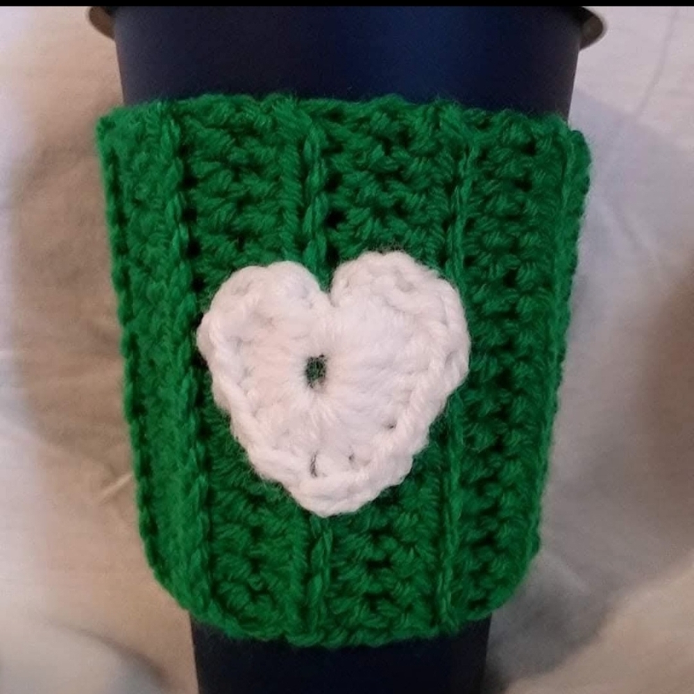Handmade Green Crochet Cup Cozy with White Heart